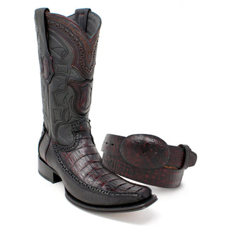 Los Altos black cherry caiman belly cowboy boot with matching belt – front display angle