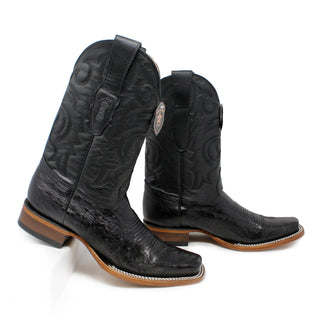 Los Altos Smooth Ostrich Rodeo Toe Cowboy Boots in black – side-by-side angled view showing vamp and shaft stitching