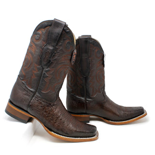 Los Altos Smooth Ostrich Rodeo Toe Cowboy Boots in faded brown– side-by-side angled view showing vamp and shaft stitching