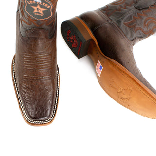 Los Altos men’s genuine full smooth-quill ostrich leather square toe cowboy boots with leather shaft stitching, handcrafted Western boots (close up of leather, toe cap, and sole)