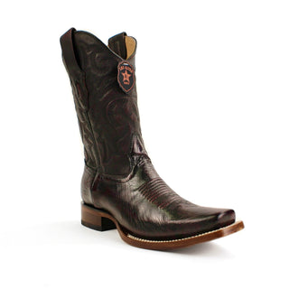 Men’s Soft Quill Ostrich Western Boots in rich Black Cherry. Handcrafted exotic leather cowboy boots with square toe, Goodyear welt, and premium comfort