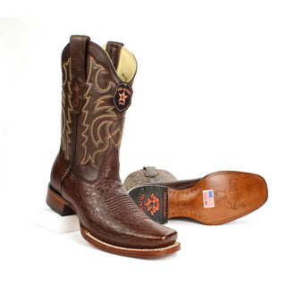 Pair of Los Altos men's smooth ostrich belly boots in a rich tobacco finish