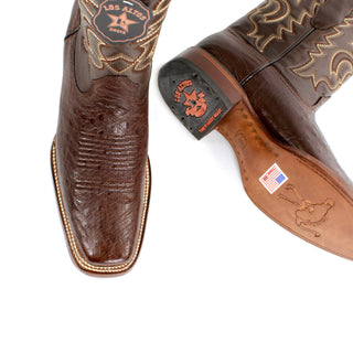 Pair of Los Altos men's smooth ostrich belly boots in a rich tobacco finish