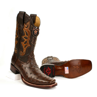 Pair of Los Altos full quill ostrich cowboy boot with square toe and stitched leather shaft
