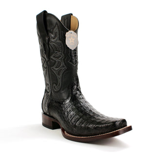 Genuine caiman belly leather with a smooth cowhide upper, these boots feature a bold square toe and traditional hand-stitched detailing