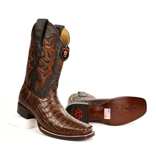 Pair of Genuine caiman belly leather with a smooth cowhide upper, these boots feature a bold square toe and traditional hand-stitched detailing