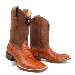 Pair of Los Altos men's brown caiman tail square toe western boots staggered view