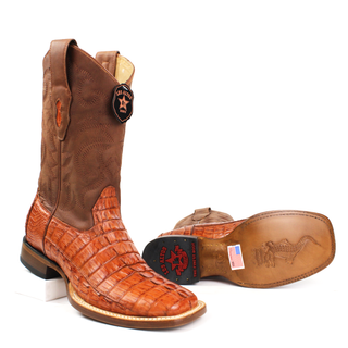 Pair of Los Altos men's brown caiman tail square toe western boots sole view
