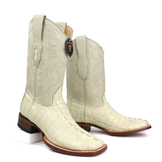 Pair of Los Altos men's winter white caiman tail square toe western boots staggered view 