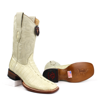 Pair of Los Altos men's winter white caiman tail square toe western boots sole view 