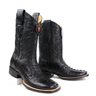 Pair of Los Altos men's black caiman tail square toe western boot staggered view  