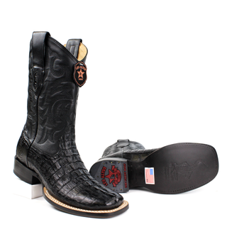 Pair of Los Altos men's black caiman tail square toe western boot staggered sole view