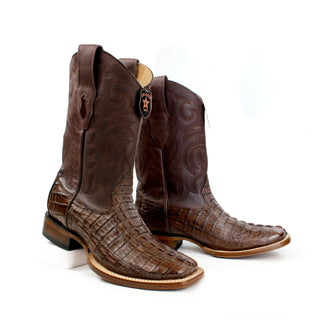  Pair of Los Altos men's brown caiman tail square toe western boots front staggered view