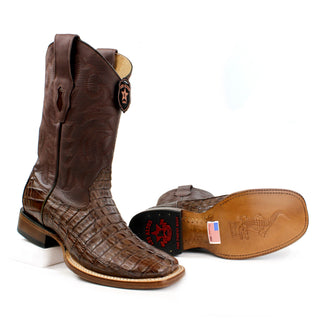 Pair of Los Altos men's brown caiman tail square toe western boots front sole view