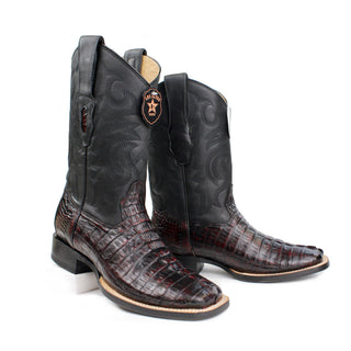 Pair of Los Altos men's brown caiman tail square toe western boots staggered view