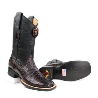 Pair of Los Altos men's brown caiman tail square toe western boots sole view