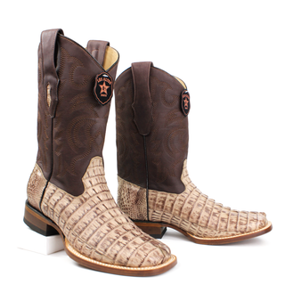 Pair of Los Altos men's brown caiman tail square toe western boots staggered view