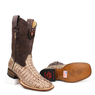 Pair of Los Altos men's brown caiman tail square toe western boots sole view