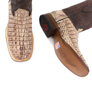 Pair of Los Altos men's brown caiman tail square toe western boots top view