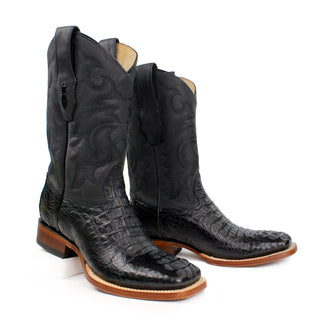 Pair of Los Altos men's black caiman hornback square toe western boots staggered view