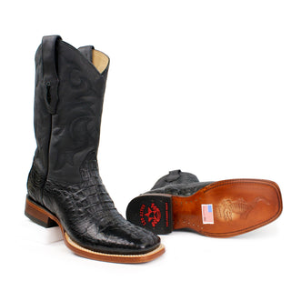 Pair of Los Altos men's black caiman hornback square toe western boots sole view