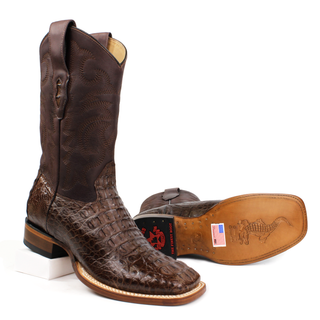 Los Altos men's brown caiman hornback square toe western boots sole view