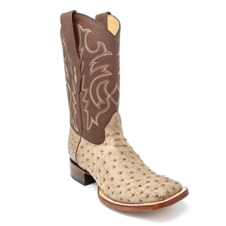 detailed view – mocha ostrich leather and brown stitched shaft.