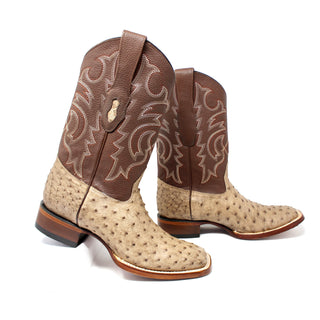 Side angle of Los Altos mocha ostrich boots with full quill texture