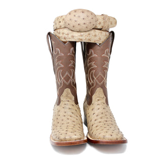 Front view of Los Altos mocha ostrich boots with matching belt