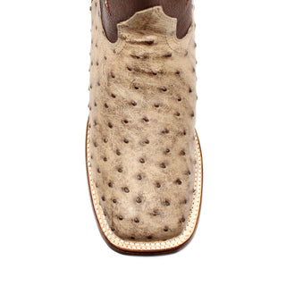 Close-up of square toe on Los Altos mocha ostrich boots