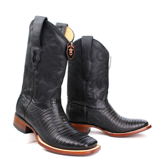 Pair of El General men’s black lizard square toe western boots staggered view