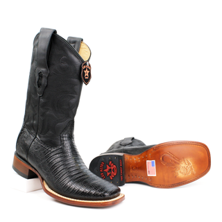 Pair of El General men’s black lizard square toe western boots sole view
