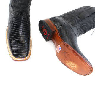 Pair of El General men’s black lizard square toe western boots top view