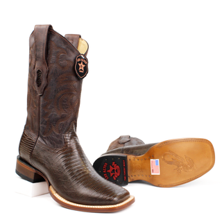 El General men’s black lizard square toe western boots sole view