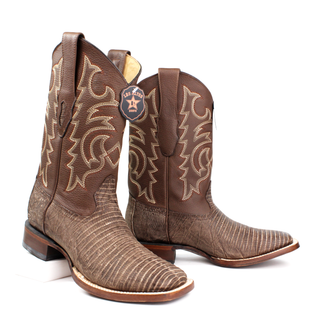 El General men’s sanded brown lizard square toe western boots staggered view
