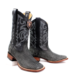 El General men’s sanded black lizard square toe western boots staggered view