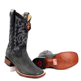 El General men’s sanded black lizard square toe western boots sole view