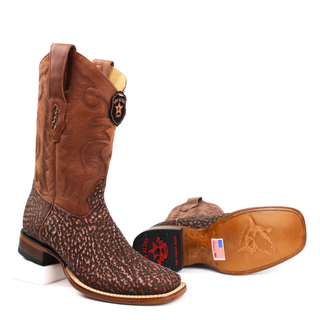 Pair of Los Altos men's cognac Shark/ Tiburon  square toe western boots sole view