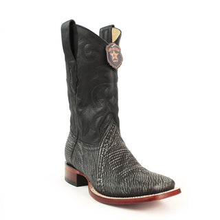 Los Altos men’s black genuine shark skin square toe Western boots with stitched leather shaft and leather sole