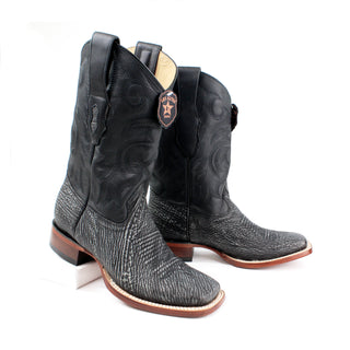 Los Altos men’s black genuine shark skin square toe Western boots with stitched leather shaft and leather sole