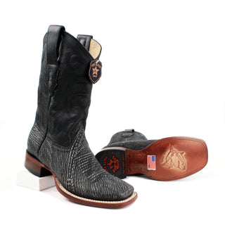 Los Altos men’s black genuine shark skin square toe Western boots with stitched leather shaft and leather sole