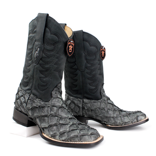 Pair of Los Altos men's gray pirarucu square toe western boots staggered view