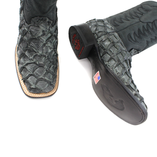 Pair of Los Altos men's gray pirarucu square toe western boots top view 