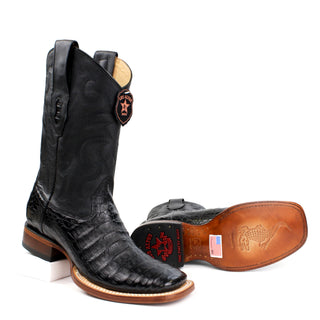 El General men’s black caiman belly square toe western boots sole view