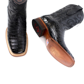 El General men’s black caiman belly square toe western boots top view