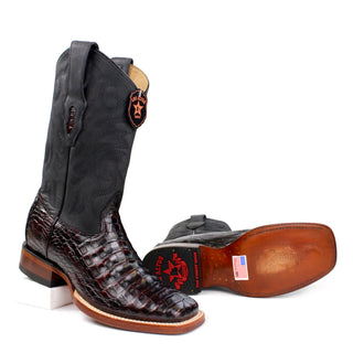 Pair of El General men’s black cherry caiman square toe western boot sole view