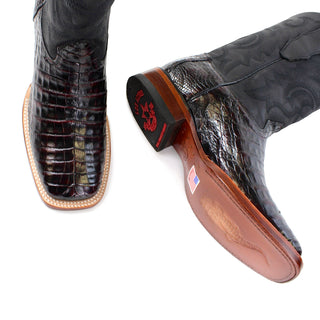 Pair of El General men’s black cherry caiman square toe western boot top view