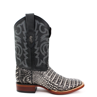 Los Altos Sahara Rustic Black Caiman Belly Wide Square Toe Boot right angle