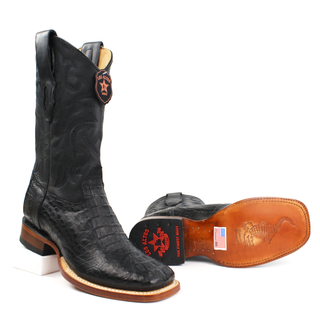 Pair of Los Altos men's black caiman belly square toe western boot side and sole view