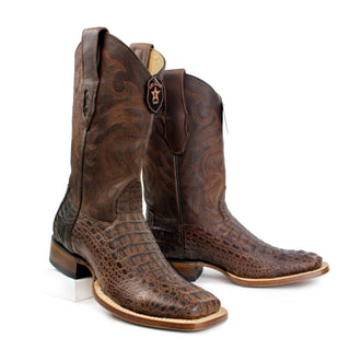 Pair of Los Altos men's black caiman belly square toe western boot staggered view